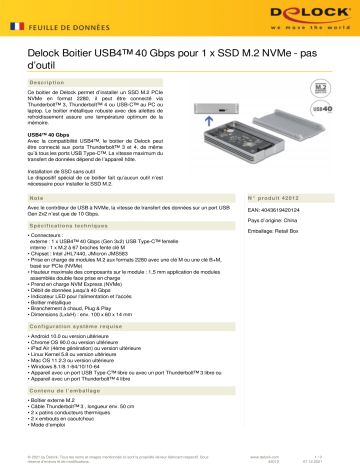 DeLOCK 42012 USB4™ 40 Gbps Enclosure for 1 x M.2 NVMe SSD - tool free Fiche technique | Fixfr