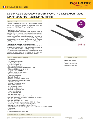 DeLOCK 86037 Bidirectional USB Type-C™ to DisplayPort Cable (DP Alt Mode) 8K 60 Hz 0.5 m DP 8K certified Fiche technique | Fixfr