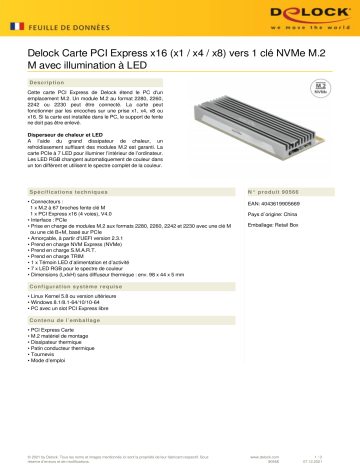 DeLOCK 90566 PCI Express x16 (x1 / x4 / x8) Card to 1 x NVMe M.2 Key M Fiche technique | Fixfr