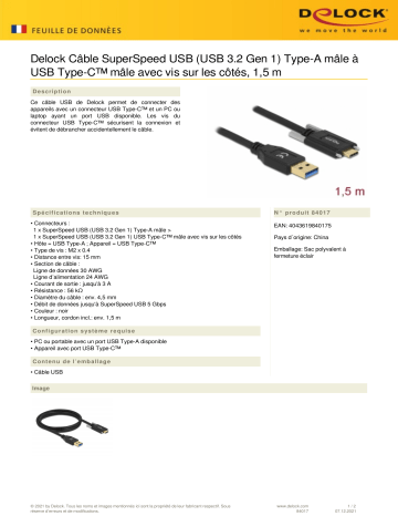 DeLOCK 84017 SuperSpeed USB (USB 3.2 Gen 1) Cable Type-A male to USB Type-C™ male Fiche technique | Fixfr