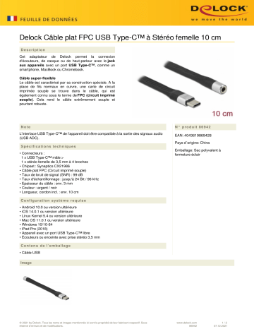 DeLOCK 86942 FPC Flat Ribbon Cable USB Type-C™ to Stereo jack 10 cm Fiche technique | Fixfr