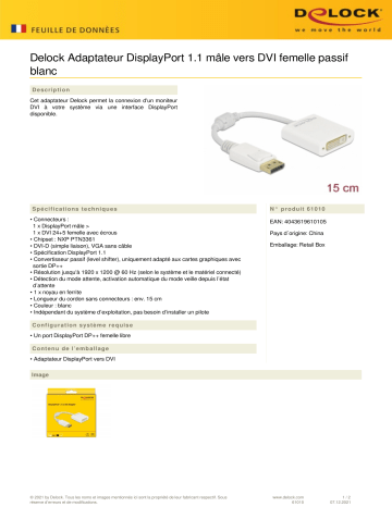 DeLOCK 61010 Adapter DisplayPort 1.1 male to DVI female Passive white Fiche technique | Fixfr