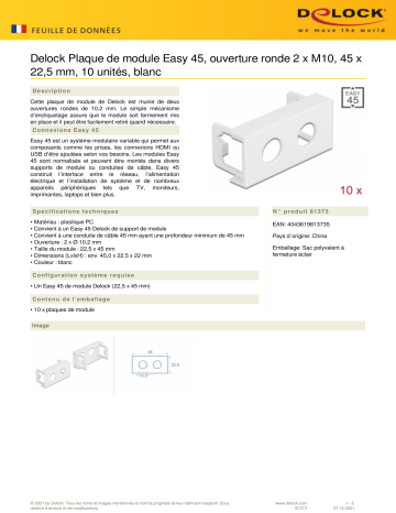 DeLOCK 81373 Easy 45 Module Plate Round cut-out 2 x M10, 45 x 22.5 mm 10 pieces white Fiche technique | Fixfr