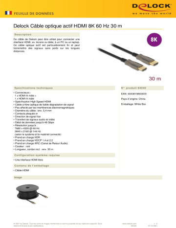 DeLOCK 84040 Active Optical Cable HDMI 8K 60 Hz 30 m Fiche technique | Fixfr