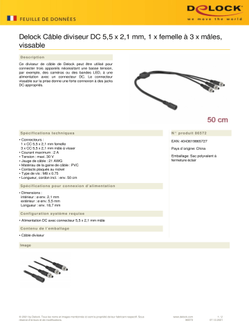 DeLOCK 86572 DC Splitter Cable 5.5 x 2.1 mm 1 x female to 3 x male screwable Fiche technique | Fixfr