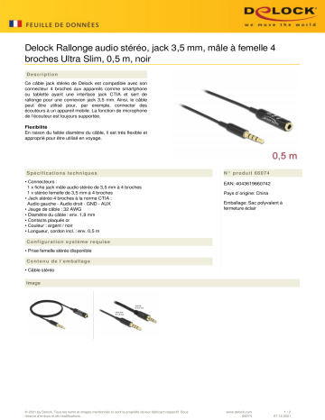 DeLOCK 66074 Audio Extension Cable Stereo Jack 3.5 mm 4 pin male to female Ultra Slim 0.5 m black Fiche technique | Fixfr