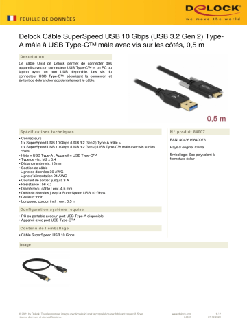 DeLOCK 84007 SuperSpeed USB 10 Gbps (USB 3.2 Gen 2) Cable Type-A male to USB Type-C™ male Fiche technique | Fixfr