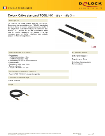 DeLOCK 86594 TOSLINK Standard Cable male - male 3 m Fiche technique | Fixfr