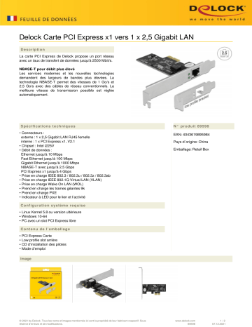 DeLOCK 89598 PCI Express x1 Card to 1 x RJ45 2.5 Gigabit LAN i225 Fiche technique | Fixfr