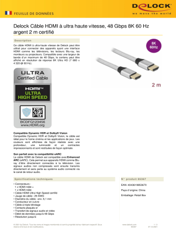 DeLOCK 85367 Ultra High Speed HDMI Cable 48 Gbps 8K 60 Hz silver 2 m certified Fiche technique | Fixfr