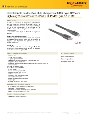 DeLOCK 86630 Data and charging cable USB Type-C™ to Lightning™ for iPhone™, iPad™ and iPod™ grey 0.5 m MFi Fiche technique | Fixfr