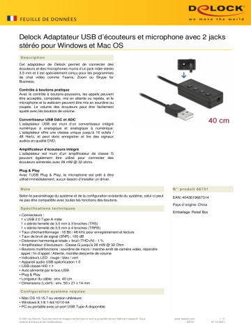 DeLOCK 66731 USB Headset and Microphone Adapter Fiche technique | Fixfr