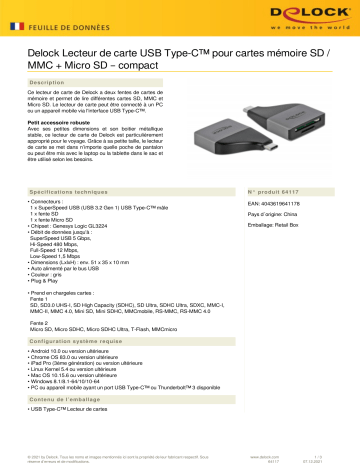 DeLOCK 64117 USB Type-C™ Card Reader for SD / MMC + Micro SD memory cards – compact design Fiche technique | Fixfr