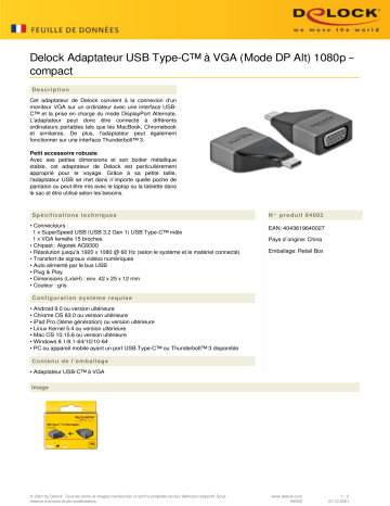 DeLOCK 64002 USB Type-C™ Adapter to VGA (DP Alt Mode) 1080p – compact design Fiche technique | Fixfr