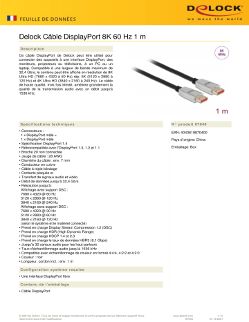 DeLOCK 87040 DisplayPort cable 8K 60 Hz 1 m Fiche technique | Fixfr