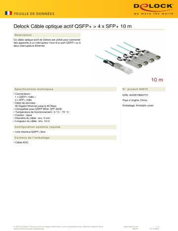 DeLOCK 84073 Active Optical Cable QSFP+ to 4 x SFP+ 10 m Fiche technique | Fixfr