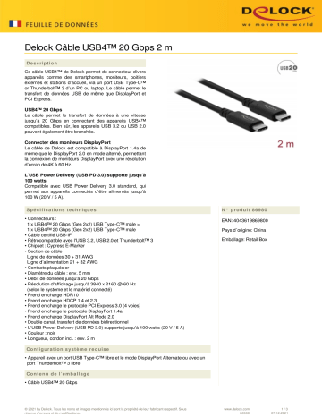 DeLOCK 86980 USB4™ 20 Gbps Cable 2 m Fiche technique | Fixfr