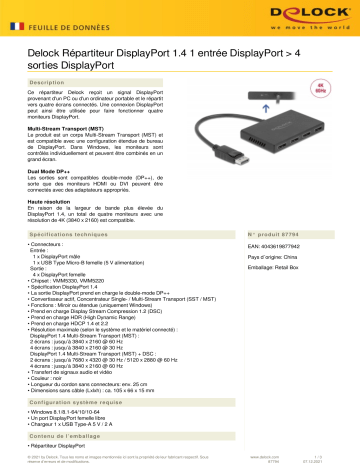 DeLOCK 87794 DisplayPort 1.4 Splitter 1 x DisplayPort in to 4 x DisplayPort out Fiche technique | Fixfr