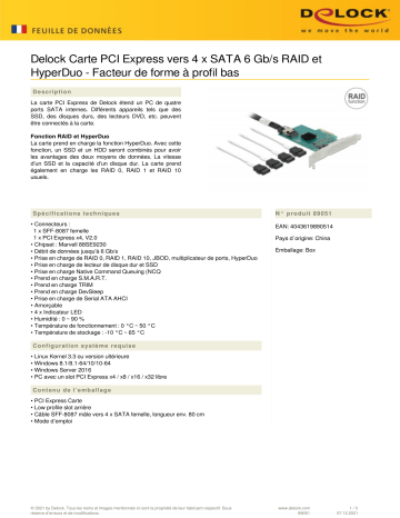 DeLOCK 89051 PCI Express Card to 4 x SATA 6 Gb/s RAID and HyperDuo - Low Profile Form Factor  Fiche technique | Fixfr