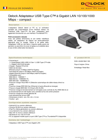 DeLOCK 64118 USB Type-C™ Adapter to Gigabit LAN 10/100/1000 Mbps – compact design Fiche technique | Fixfr