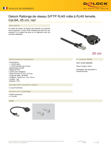 DeLOCK 86998 Network Extension Cable S/FTP RJ45 plug to RJ45 jack Cat.6A 25 cm black  Fiche technique | Fixfr