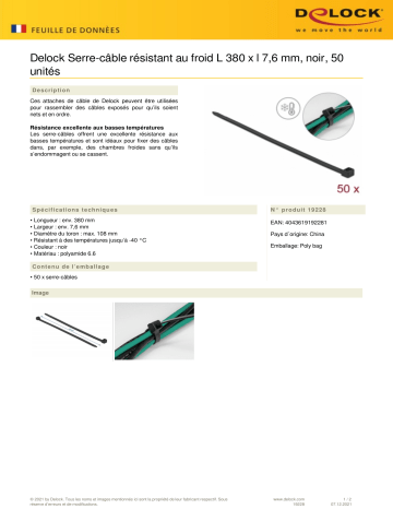 DeLOCK 19228 Cable tie cold resistant L 380 x W 7.6 mm black 50 pieces Fiche technique | Fixfr