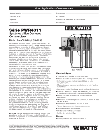 PWR40113012 | PWR40113022 | Watts PWR40113032 Reverse Osmosis System Dissolved Salts Removal 5400 Gpd Wall Mount spécification | Fixfr