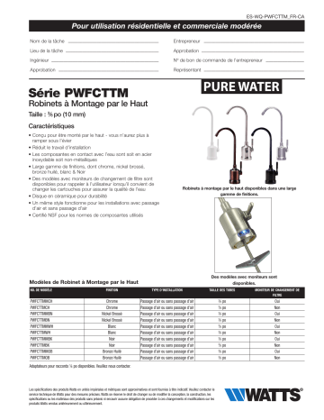 PWFCTTMWH | PWFCTTMMBN | PWFCTTMMCH | PWFCTTMOB | PWFCTTMCH | PWFCTTMBN | Watts PWFCTTM Robinets d’eau potable de dessus de comptoir spécification | Fixfr