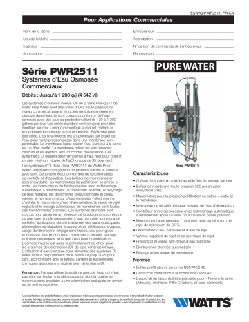 PWR25113011 | PWR25112011 | R12 | PWR2864 | PWR25113021 | Watts PWR25111011 Reverse Osmosis System Dissolved Salts Removal 150 Gpd Wall Mount spécification | Fixfr