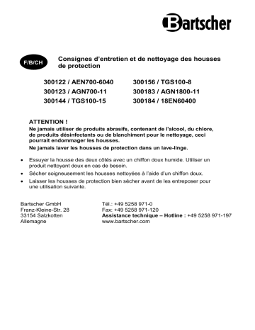 Bartscher 300184 Cover hood 18EN60400 Mode d'emploi | Fixfr