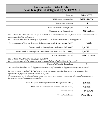 Brandt DFH14617X Free-standing dishwasher Manuel utilisateur | Fixfr