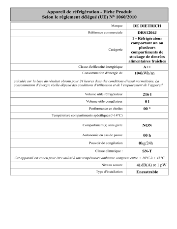 De Dietrich DRS1204J Integrated Single-door Manuel utilisateur | Fixfr