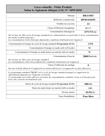 Brandt DFH14102W Free-standing dishwasher Manuel utilisateur | Fixfr