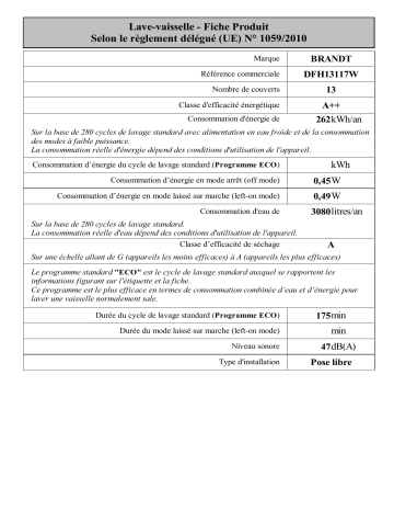 Brandt DFH13117W Free-standing dishwasher Manuel utilisateur | Fixfr