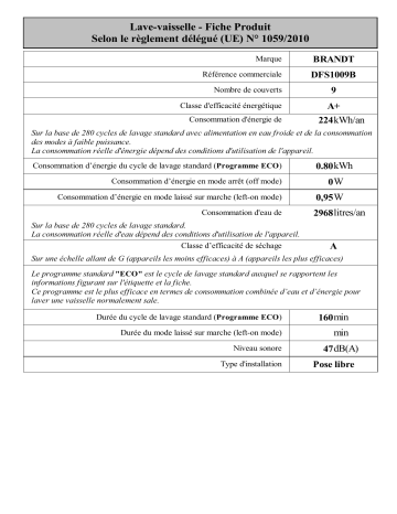 Brandt DFS1009B Free-standing dishwasher Manuel utilisateur | Fixfr