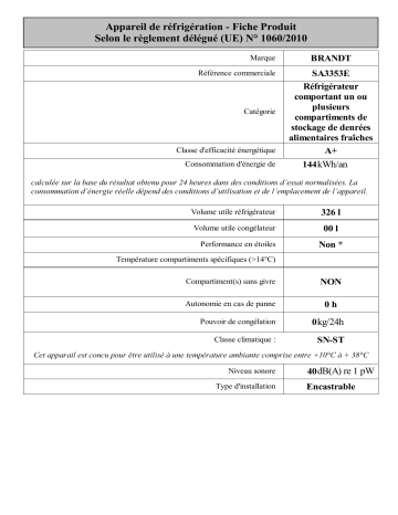 Brandt SA3353E Built-in refrigerator Manuel utilisateur | Fixfr