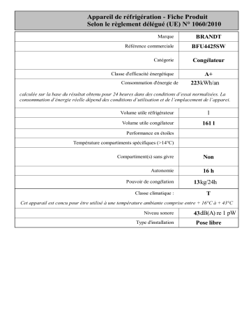 Brandt BFU4425SW Upright freezer Manuel utilisateur | Fixfr