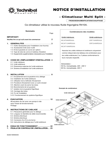 TECHNIBEL 387131009 UnitÃ©s extÃ©rieures trisplit air-air Guide d'installation | Fixfr