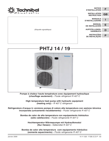 PHTJ197VAB | PHTJ145VAA | PHTJ147VAA | TECHNIBEL PHTJ197VAC Groupes d'eau glacÃ©e air/eau <=17KW Guide d'installation | Fixfr