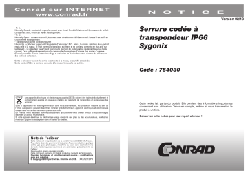 Sygonix 1582020 Code lock Surface-mount IP66 + backlit keypad, + separate verification unit Manuel du propriétaire | Fixfr