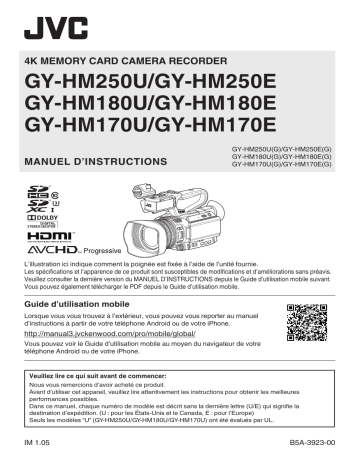 GY-HM170E | GY-HM180E | JVC GY-HM250E Compact live streaming 4K camcorder Mode d'emploi | Fixfr