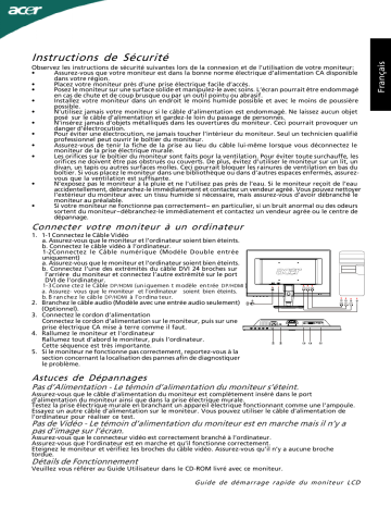 Acer A221HQL Monitor Guide de démarrage rapide | Fixfr
