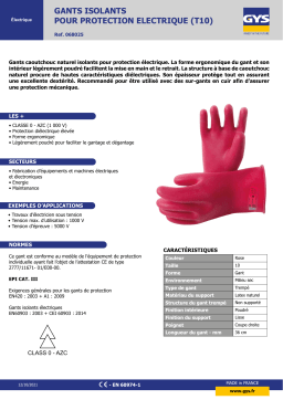 GYS GANTS ISOLANTS POUR PROTECTION ELECTRIQUE (T10) Fiche technique