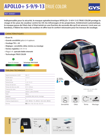 GYS LCD APOLLO+ 5/9-9/13 G TRUE COLOR HELMET Fiche technique | Fixfr