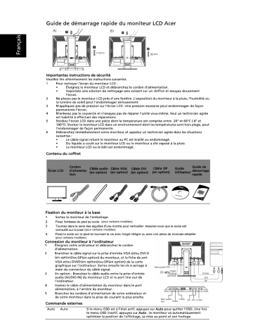 Acer B223PW Monitor Guide de démarrage rapide | Fixfr