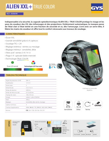 GYS LCD ALIEN+ TRUE COLOR XXL HELMET Fiche technique | Fixfr