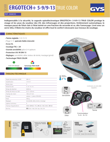 GYS LCD ERGOTECH+ 5/9-9/13 SILVER TRUE COLOR HELMET Fiche technique | Fixfr