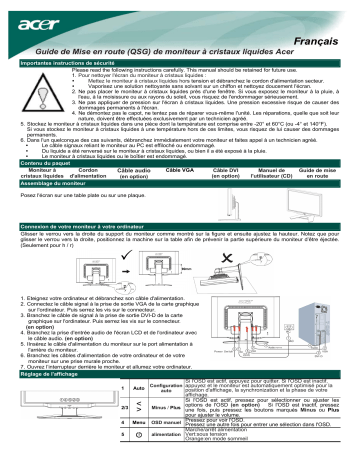 Acer AL2423W Monitor Guide de démarrage rapide | Fixfr
