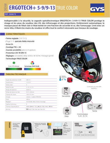 GYS LCD ERGOTECH+ 5/9-9/13 DREAM TRUE COLOR HELMET Fiche technique | Fixfr