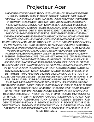 H6541BDi | X1127i | X1327Wi | X118HP | X1227I | H5385BDI | H6542ABDi | X138WHP | X128GH | X1126AH | BS-312P | X128HP | X1226AH | BS-112P | H6541BDi plus | X1527i | Acer X1326AWH Projector Manuel utilisateur | Fixfr